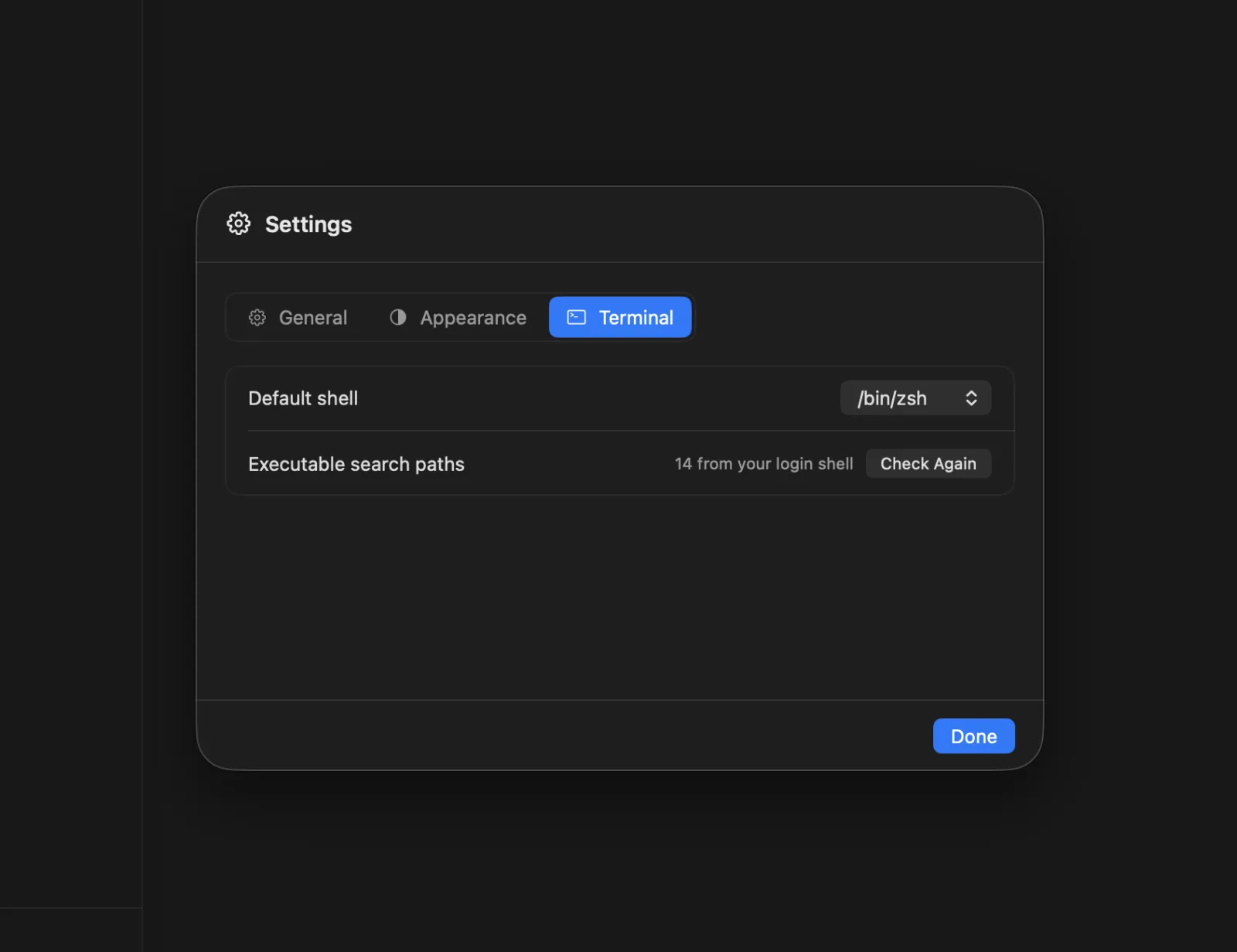 Vormik-instellingen met de gekozen shell en de zoekpaden uit de login shell