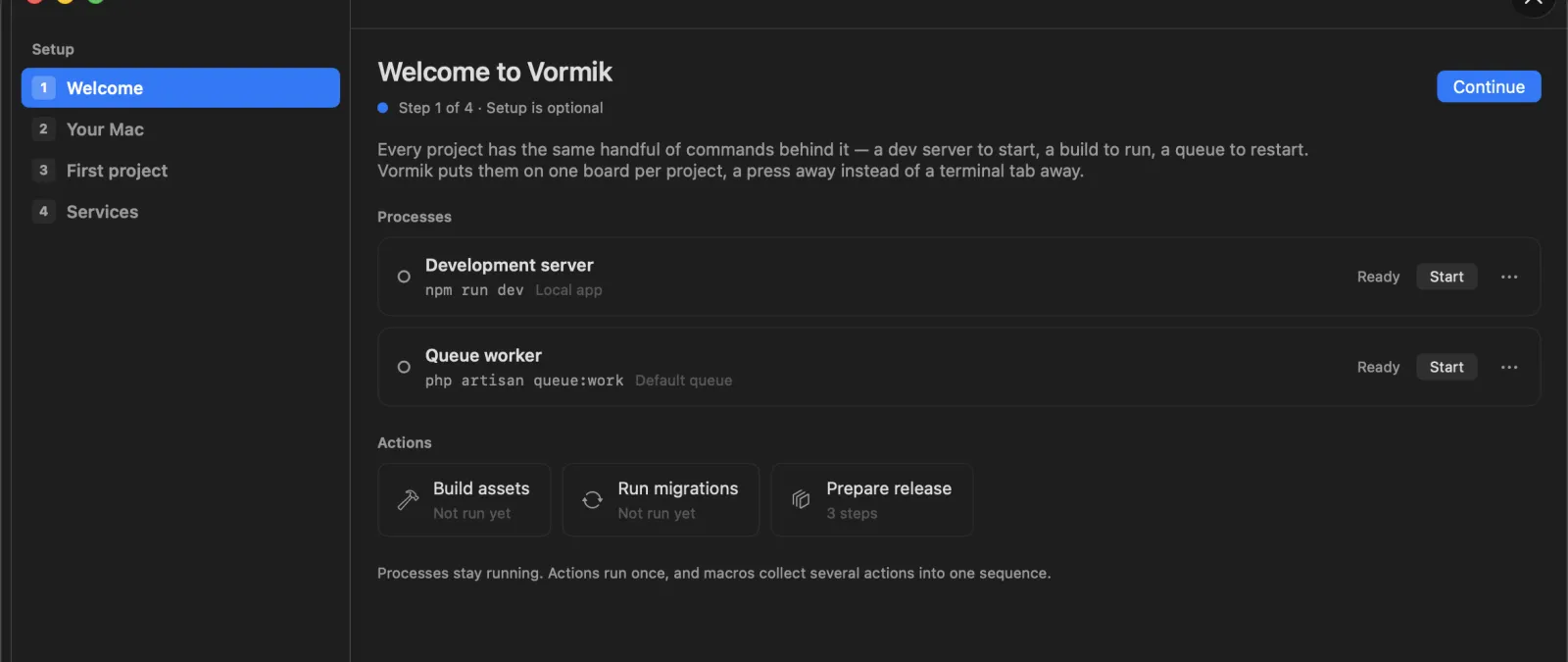 Het welkomstscherm van Vormik met processen, actions en een macro